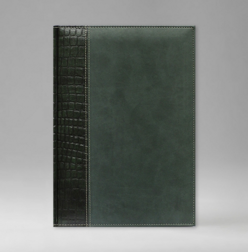 Ежедневник, датированный, Классик, белая, золотой срез, 17х24 см, фиксированный, Принт Кроко, зеленый